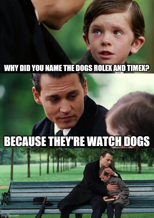 Finding Neverland | WHY DID YOU NAME THE DOGS ROLEX AND TIMEX? BECAUSE THEY'RE WATCH DOGS | image tagged in memes,finding neverland | made w/ Imgflip meme maker