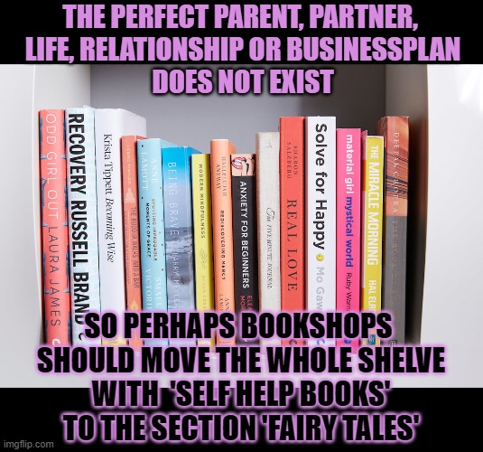 The perfect parent, partner, life or business does not exist | THE PERFECT PARENT, PARTNER, 
LIFE, RELATIONSHIP OR BUSINESSPLAN
DOES NOT EXIST; SO PERHAPS BOOKSHOPS 
SHOULD MOVE THE WHOLE SHELVE
WITH  'SELF HELP BOOKS'
TO THE SECTION 'FAIRY TALES' | image tagged in self help,relationships,books | made w/ Imgflip meme maker