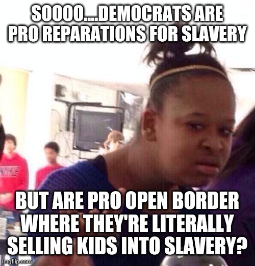 Politics and stuff | SOOOO....DEMOCRATS ARE PRO REPARATIONS FOR SLAVERY; BUT ARE PRO OPEN BORDER WHERE THEY'RE LITERALLY SELLING KIDS INTO SLAVERY? | image tagged in memes,black girl wat | made w/ Imgflip meme maker