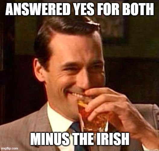 Mad Men | ANSWERED YES FOR BOTH MINUS THE IRISH | image tagged in mad men | made w/ Imgflip meme maker