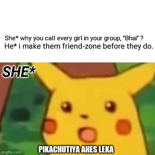 Surprised Pikachu | She* why you call every girl in your group, "Bhai" ? He* i make them friend-zone before they do. SHE*; PIKACHUTIYA AHES LEKA | image tagged in memes,surprised pikachu | made w/ Imgflip meme maker
