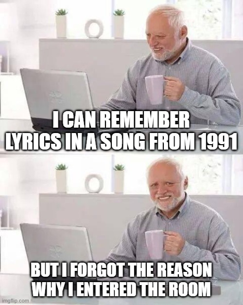 To many people out there! | I CAN REMEMBER LYRICS IN A SONG FROM 1991; BUT I FORGOT THE REASON WHY I ENTERED THE ROOM | image tagged in memes,hide the pain harold | made w/ Imgflip meme maker