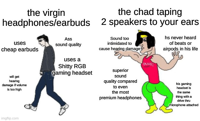 Virgin vs Chad | the chad taping 2 speakers to your ears; the virgin headphones/earbuds; Sound too intimidated to cause hearing damage; hs never heard of beats or airpods in his life; uses cheap earbuds; Ass sound quality; uses a Shitty RGB gaming headset; superior sound quality compared to even the most premium headphones; will get hearing damage if volume is too high; his gaming headset is the same thing with a drive thru microphone attached | image tagged in virgin vs chad | made w/ Imgflip meme maker