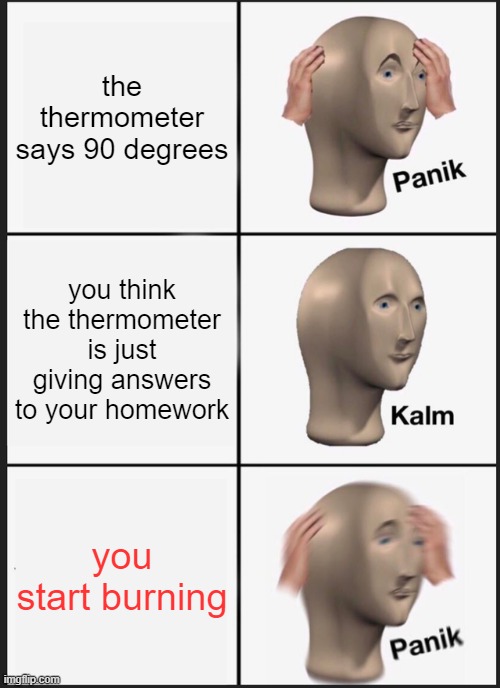 So hot inside here | the thermometer says 90 degrees; you think the thermometer is just giving answers to your homework; you start burning | image tagged in memes,panik kalm panik,heatwave | made w/ Imgflip meme maker