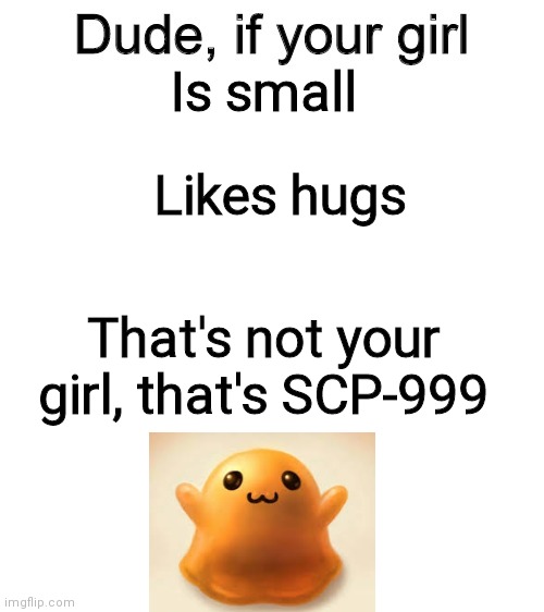 Dude if your girl | Is small; Likes hugs; That's not your girl, that's SCP-999 | image tagged in dude if your girl | made w/ Imgflip meme maker
