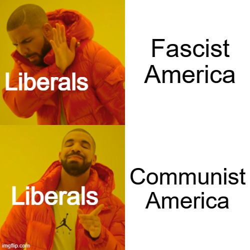They always joke around with Communism and want Socialism | Fascist America; Liberals; Communist America; Liberals | image tagged in memes,drake hotline bling,bad,venezulans don't like socialism | made w/ Imgflip meme maker