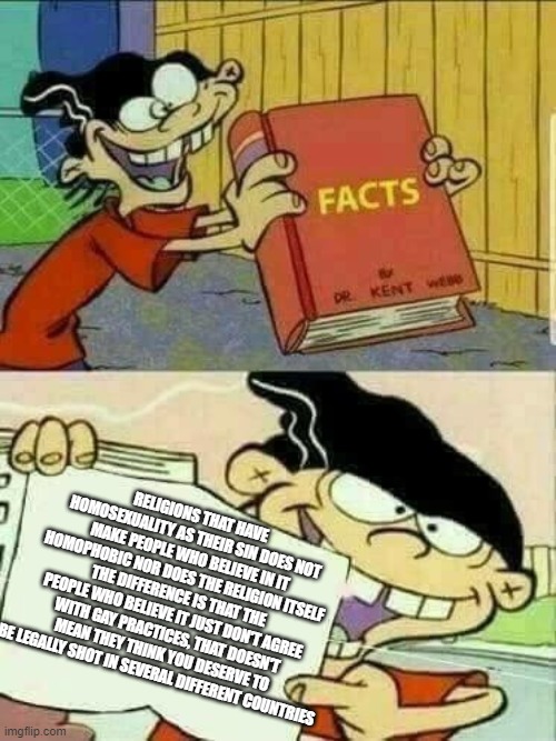 for your information, | RELIGIONS THAT HAVE HOMOSEXUALITY AS THEIR SIN DOES NOT MAKE PEOPLE WHO BELIEVE IN IT HOMOPHOBIC NOR DOES THE RELIGION ITSELF THE DIFFERENCE IS THAT THE PEOPLE WHO BELIEVE IT JUST DON'T AGREE WITH GAY PRACTICES, THAT DOESN'T MEAN THEY THINK YOU DESERVE TO BE LEGALLY SHOT IN SEVERAL DIFFERENT COUNTRIES | image tagged in double d facts book | made w/ Imgflip meme maker