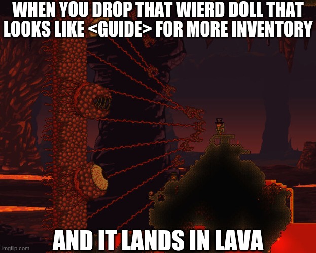 WHEN YOU DROP THAT WIERD DOLL THAT LOOKS LIKE <GUIDE> FOR MORE INVENTORY; AND IT LANDS IN LAVA | image tagged in oops | made w/ Imgflip meme maker