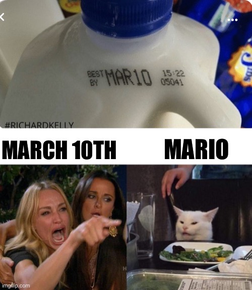 MARIO; MARCH 10TH | image tagged in memes,woman yelling at cat | made w/ Imgflip meme maker