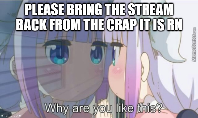 Kanna why are you like this? | PLEASE BRING THE STREAM BACK FROM THE CRAP IT IS RN | image tagged in kanna why are you like this | made w/ Imgflip meme maker