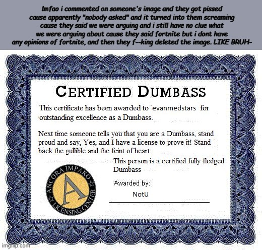 Dumbass award | lmfao i commented on someone's image and they got pissed cause apparently "nobody asked" and it turned into them screaming cause they said we were arguing and i still have no clue what we were arguing about cause they said fortnite but i dont have any opinions of fortnite, and then they f--king deleted the image. LIKE BRUH- | image tagged in dumbass award | made w/ Imgflip meme maker