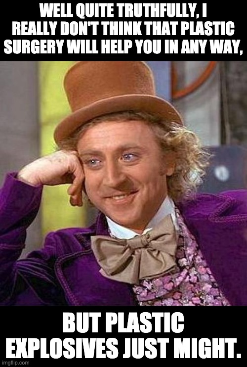 Wonka | WELL QUITE TRUTHFULLY, I REALLY DON'T THINK THAT PLASTIC SURGERY WILL HELP YOU IN ANY WAY, BUT PLASTIC EXPLOSIVES JUST MIGHT. | image tagged in memes,creepy condescending wonka | made w/ Imgflip meme maker