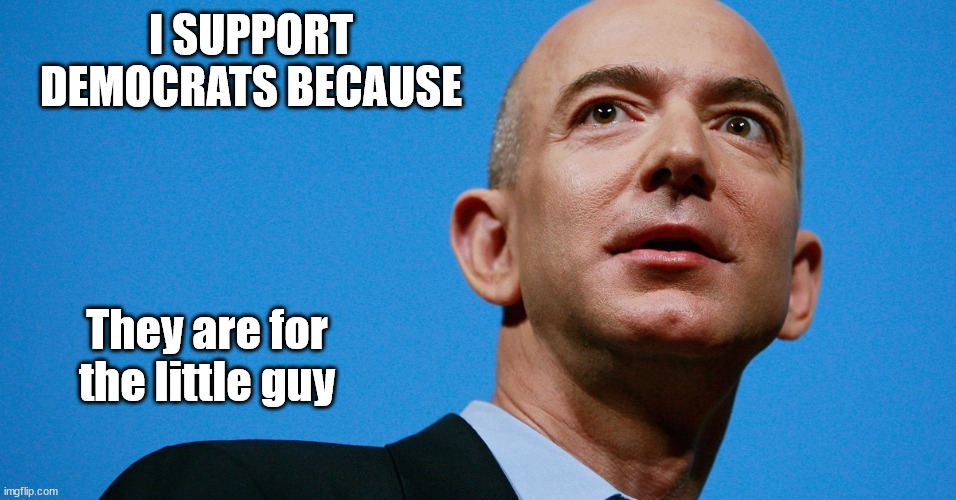 bezos | I SUPPORT DEMOCRATS BECAUSE; They are for the little guy | image tagged in jeff bezos | made w/ Imgflip meme maker