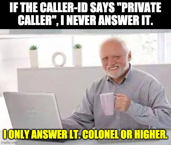 Private caller | IF THE CALLER-ID SAYS "PRIVATE CALLER", I NEVER ANSWER IT. I ONLY ANSWER LT. COLONEL OR HIGHER. | image tagged in harold | made w/ Imgflip meme maker