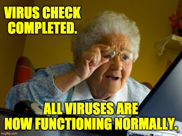 Virus | VIRUS CHECK COMPLETED. ALL VIRUSES ARE NOW FUNCTIONING NORMALLY. | image tagged in old lady at computer finds the internet | made w/ Imgflip meme maker