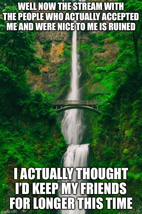 WELL NOW THE STREAM WITH THE PEOPLE WHO ACTUALLY ACCEPTED ME AND WERE NICE TO ME IS RUINED; I ACTUALLY THOUGHT I’D KEEP MY FRIENDS FOR LONGER THIS TIME | made w/ Imgflip meme maker