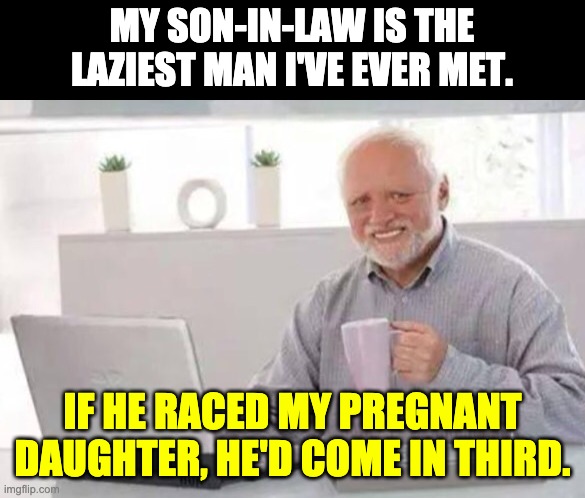Lazy | MY SON-IN-LAW IS THE LAZIEST MAN I'VE EVER MET. IF HE RACED MY PREGNANT DAUGHTER, HE'D COME IN THIRD. | image tagged in harold | made w/ Imgflip meme maker