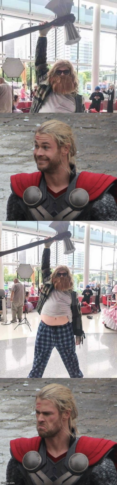 IT'S ENDGAME THOR | image tagged in thor happy then sad,thor,fat thor,thor hammer,cosplay | made w/ Imgflip meme maker