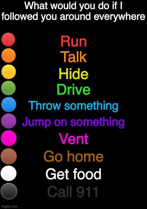 rainbow question | What would you do if I followed you around everywhere; Run; Talk; Hide; Drive; Throw something; Jump on something; Vent; Go home; Get food; Call 911 | image tagged in rainbow question | made w/ Imgflip meme maker
