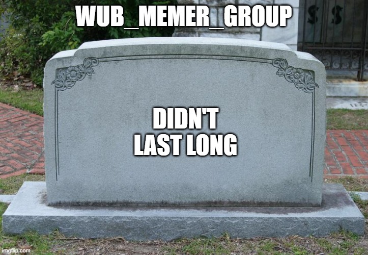 Yeah this stinks | WUB_MEMER_GROUP; DIDN'T LAST LONG | image tagged in gravestone,oof | made w/ Imgflip meme maker