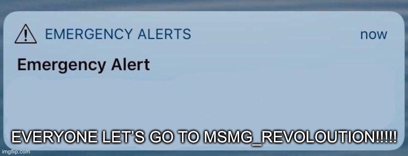 emergency alert | EVERYONE LET’S GO TO MSMG_REVOLOUTION!!!!! | image tagged in emergency alert | made w/ Imgflip meme maker