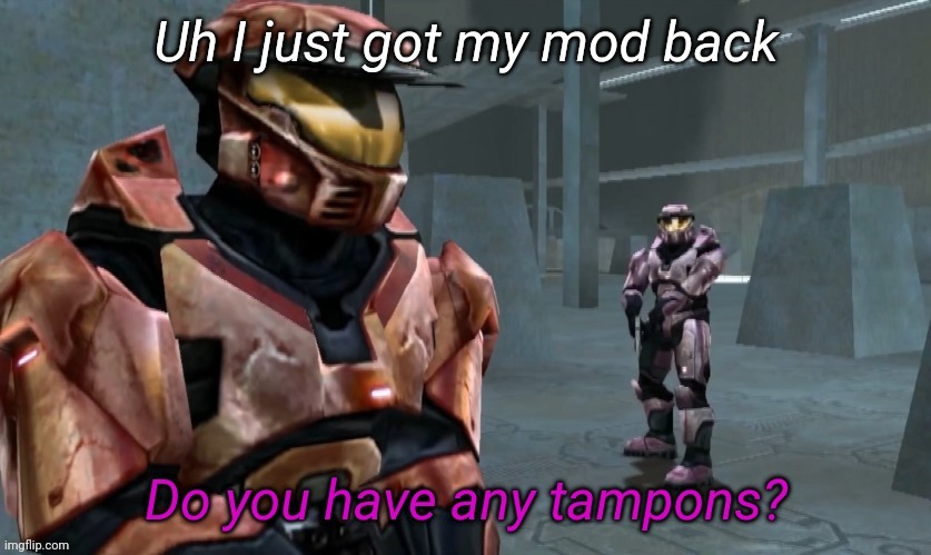 Do you have any tampons | Uh I just got my mod back | image tagged in do you have any tampons | made w/ Imgflip meme maker