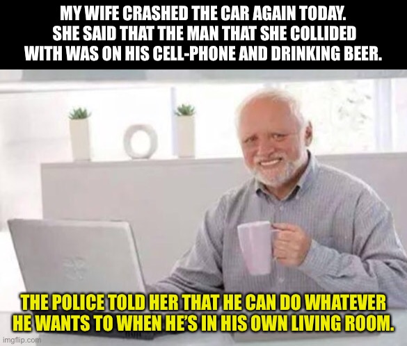Crash | MY WIFE CRASHED THE CAR AGAIN TODAY.  SHE SAID THAT THE MAN THAT SHE COLLIDED WITH WAS ON HIS CELL-PHONE AND DRINKING BEER. THE POLICE TOLD HER THAT HE CAN DO WHATEVER HE WANTS TO WHEN HE’S IN HIS OWN LIVING ROOM. | image tagged in harold | made w/ Imgflip meme maker