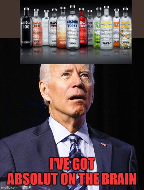 Joe Biden | I'VE GOT ABSOLUT ON THE BRAIN | image tagged in joe biden | made w/ Imgflip meme maker