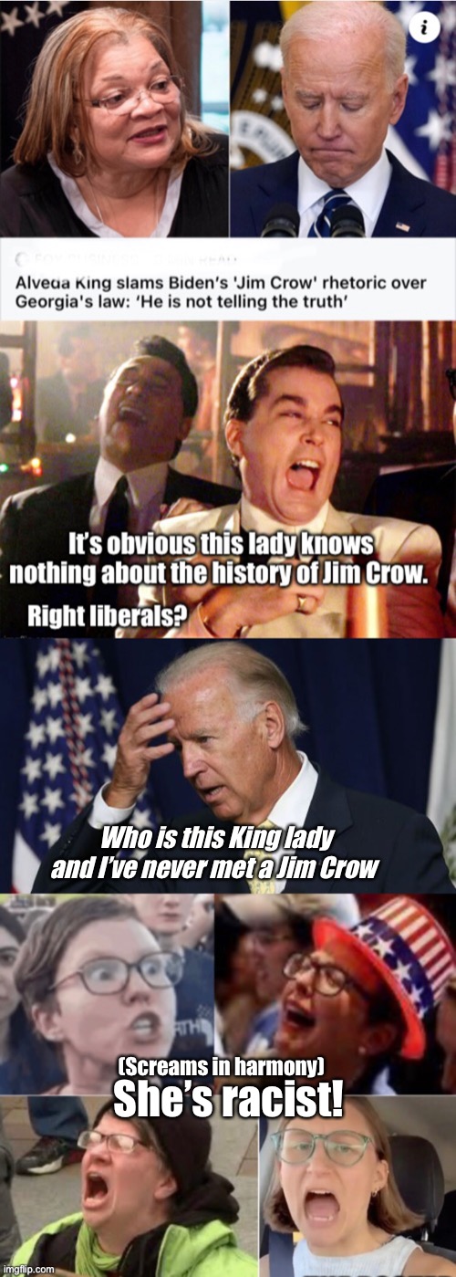 Joe Crow | Who is this King lady and I’ve never met a Jim Crow; (Screams in harmony); She’s racist! | image tagged in joe biden worries,triggered,funny memes,politics lol,goodfellas laugh | made w/ Imgflip meme maker
