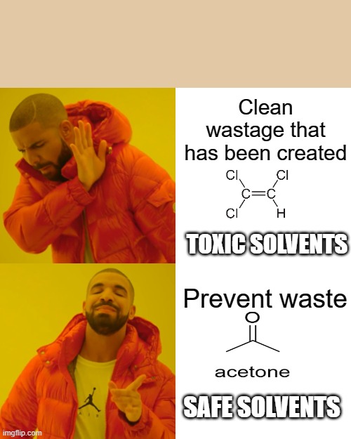 Green chemistry | Clean wastage that has been created; TOXIC SOLVENTS; Prevent waste; SAFE SOLVENTS | image tagged in memes,drake hotline bling | made w/ Imgflip meme maker