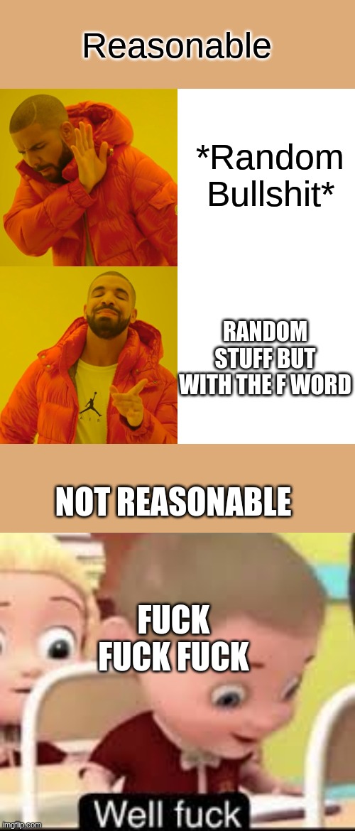 Reasonable *Random Bullshit* RANDOM STUFF BUT WITH THE F WORD NOT REASONABLE FUCK FUCK FUCK | image tagged in memes,drake hotline bling,well fuck | made w/ Imgflip meme maker