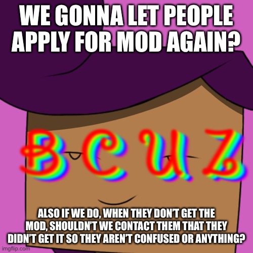 Just an idea I had | WE GONNA LET PEOPLE APPLY FOR MOD AGAIN? ALSO IF WE DO, WHEN THEY DON’T GET THE MOD, SHOULDN’T WE CONTACT THEM THAT THEY DIDN’T GET IT SO THEY AREN’T CONFUSED OR ANYTHING? | image tagged in blist bcuz | made w/ Imgflip meme maker