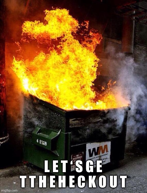 THIS STREAM IS GONNA BURN UP HURRY! | L E T ‘ S G E T T H E H E C K O U T | image tagged in dumpster fire,msmg revolution | made w/ Imgflip meme maker