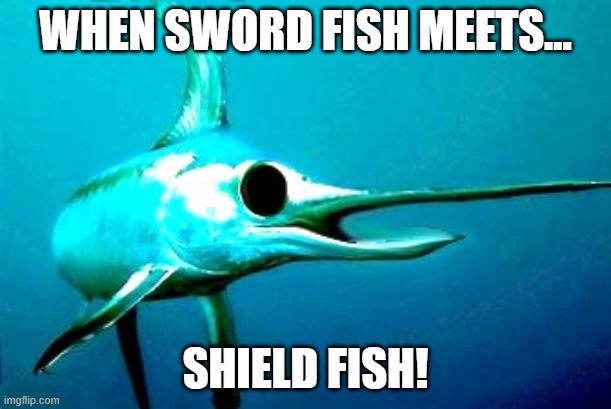 Ocean Sword and Shield | WHEN SWORD FISH MEETS... SHIELD FISH! | image tagged in ocean,sword | made w/ Imgflip meme maker