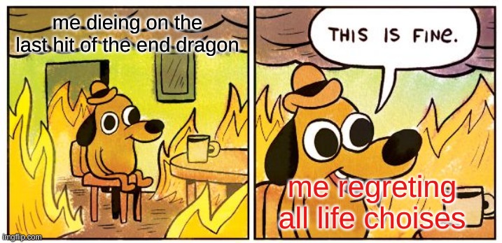 This Is Fine | me dieing on the last hit of the end dragon; me regreting all life choises | image tagged in memes,this is fine | made w/ Imgflip meme maker