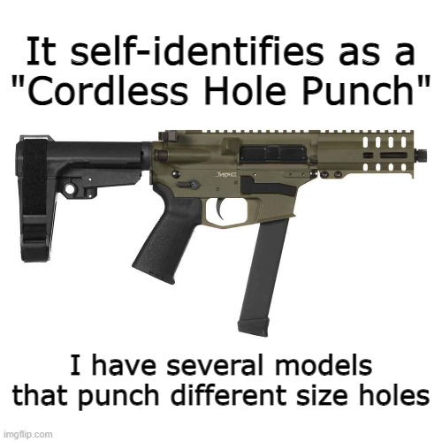 If you disagree, you are an intolerant, hoplophobic bigot. | It self-identifies as a
"Cordless Hole Punch"; I have several models that punch different size holes | image tagged in guns,biden,leftists,libtards | made w/ Imgflip meme maker
