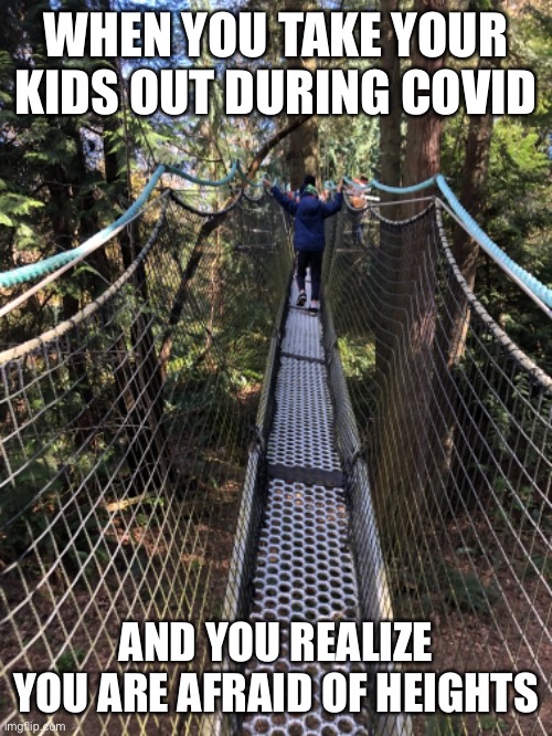 Desperate for entertainment | WHEN YOU TAKE YOUR KIDS OUT DURING COVID; AND YOU REALIZE YOU ARE AFRAID OF HEIGHTS | image tagged in fear,heights,covid,kids,that moment when,mom | made w/ Imgflip meme maker