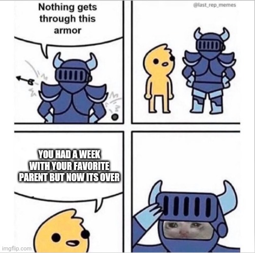 knight armor | YOU HAD A WEEK WITH YOUR FAVORITE PARENT BUT NOW ITS OVER | image tagged in knight armor | made w/ Imgflip meme maker