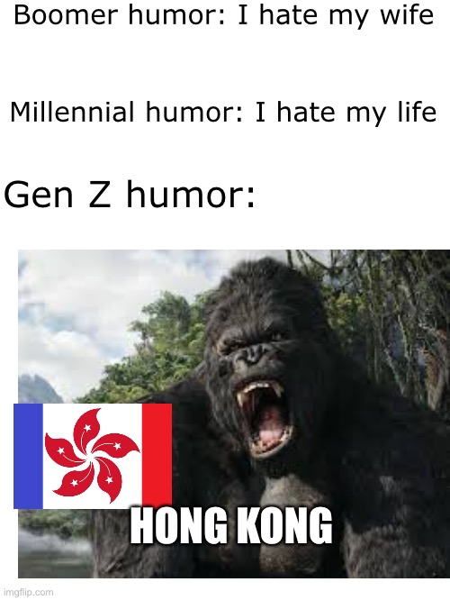 Gen Z Humor | Boomer humor: I hate my wife; Millennial humor: I hate my life; Gen Z humor:; HONG KONG | image tagged in king kong,hong kong | made w/ Imgflip meme maker