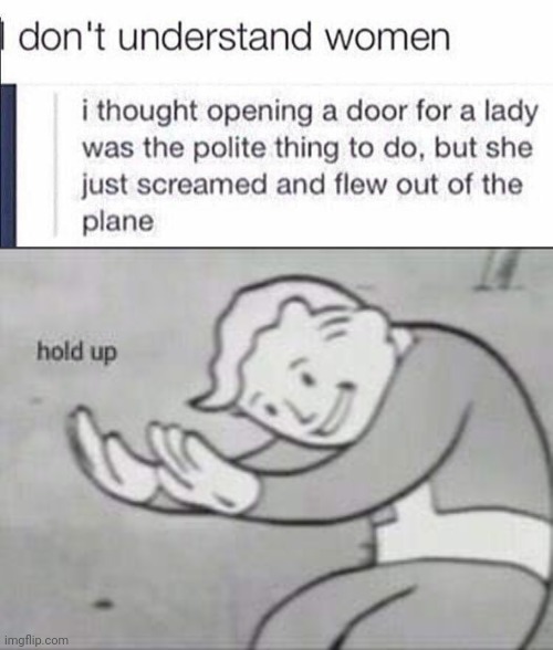 Not polite in this instance | image tagged in fallout hold up,funny,they had us in the first half,stupid,dark humor,polite | made w/ Imgflip meme maker