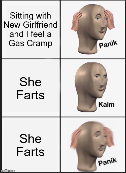Panik Kalm Panik | Sitting with
New Girlfriend
and I feel a
Gas Cramp; She Farts; She Farts | image tagged in memes,panik kalm panik,farts,crazy girlfriend,aint nobody got time for that,one does not simply | made w/ Imgflip meme maker
