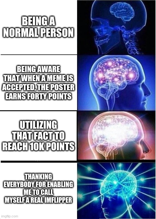 Expanding Brain Meme | BEING A NORMAL PERSON; BEING AWARE THAT WHEN A MEME IS ACCEPTED, THE POSTER EARNS FORTY POINTS; UTILIZING THAT FACT TO REACH 10K POINTS; THANKING EVERYBODY FOR ENABLING ME TO CALL MYSELF A REAL IMFLIPPER | image tagged in memes,expanding brain | made w/ Imgflip meme maker