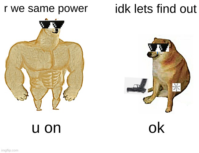 Buff Doge vs. Cheems | r we same power; idk lets find out; u on; ok | image tagged in memes,buff doge vs cheems | made w/ Imgflip meme maker