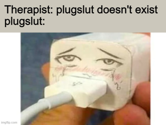 o-oh daddy cord let me suck on your usb~ | Therapist: plugslut doesn't exist
plugslut: | made w/ Imgflip meme maker