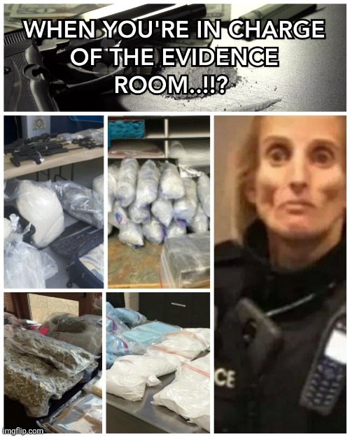 WHEN YOU'RE IN CHARGE OF THE EVIDENCE ROOM.!!? | image tagged in in charge,evidence,drugs,room,junkie,memes | made w/ Imgflip meme maker