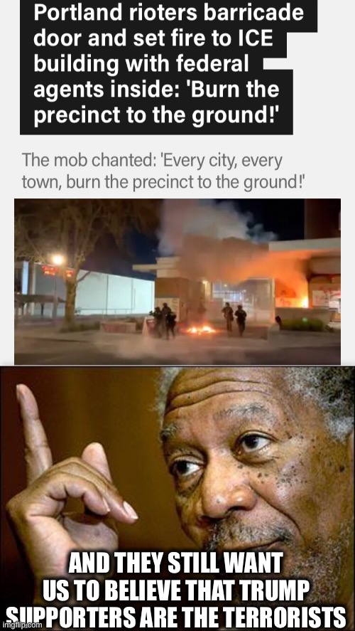 BLM/Antifa | AND THEY STILL WANT US TO BELIEVE THAT TRUMP SUPPORTERS ARE THE TERRORISTS | image tagged in this morgan freeman,black lives matter,antifa,democrats,liberal logic,memes | made w/ Imgflip meme maker