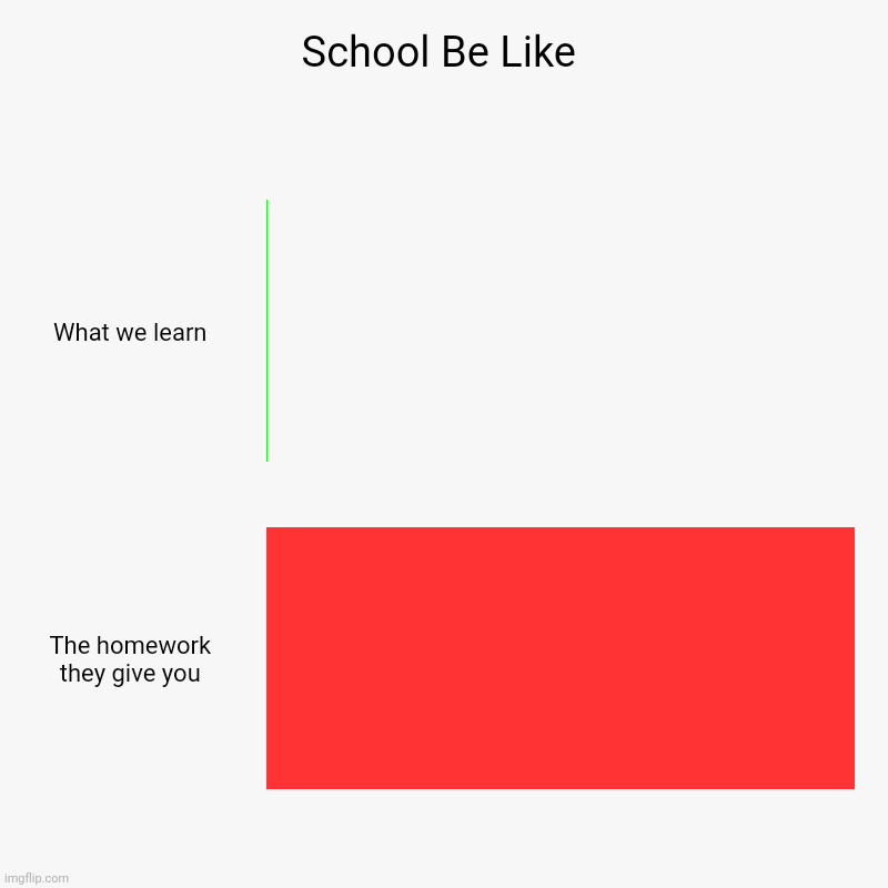 Good meme | School Be Like | What we learn, The homework they give you | image tagged in charts,bar charts | made w/ Imgflip chart maker