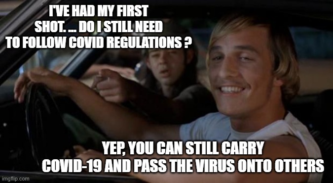 still a risk | I'VE HAD MY FIRST SHOT. ... DO I STILL NEED TO FOLLOW COVID REGULATIONS ? YEP, YOU CAN STILL CARRY COVID-19 AND PASS THE VIRUS ONTO OTHERS | image tagged in it'd be a lot cooler if you did | made w/ Imgflip meme maker