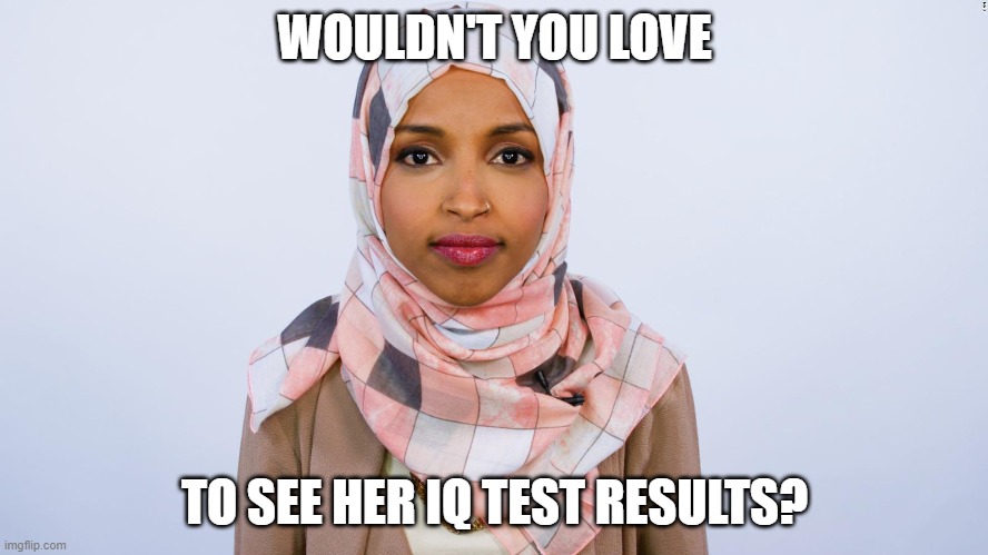 Tell Me How Bright Liberals Are Again (part 9) | WOULDN'T YOU LOVE; TO SEE HER IQ TEST RESULTS? | image tagged in ilhan omar,dimwit,traitor,ungrateful,hateful,anti-semite | made w/ Imgflip meme maker