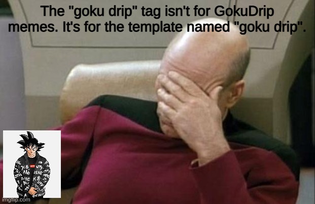 Captain Picard Facepalm | The "goku drip" tag isn't for GokuDrip memes. It's for the template named "goku drip". | image tagged in memes,captain picard facepalm | made w/ Imgflip meme maker
